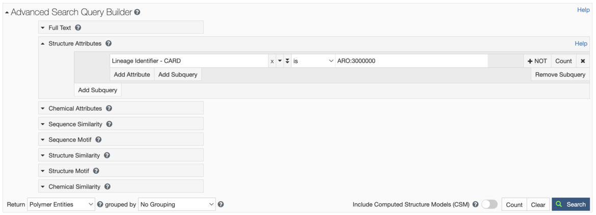 <I>CARD and <a href="https://www.rcsb.org/search?request=%7B%22query%22%3A%7B%22type%22%3A%22group%22%2C%22nodes%22%3A%5B%7B%22type%22%3A%22group%22%2C%22nodes%22%3A%5B%7B%22type%22%3A%22group%22%2C%22nodes%22%3A%5B%7B%22type%22%3A%22group%22%2C%22nodes%22%3A%5B%7B%22type%22%3A%22terminal%22%2C%22service%22%3A%22text%22%2C%22parameters%22%3A%7B%22attribute%22%3A%22rcsb_polymer_entity_annotation.annotation_lineage.id%22%2C%22operator%22%3A%22exact_match%22%2C%22value%22%3A%22ARO%3A3000000%22%7D%7D%2C%7B%22type%22%3A%22terminal%22%2C%22service%22%3A%22text%22%2C%22parameters%22%3A%7B%22attribute%22%3A%22rcsb_polymer_entity_annotation.type%22%2C%22operator%22%3A%22exact_match%22%2C%22value%22%3A%22CARD%22%7D%7D%5D%2C%22logical_operator%22%3A%22and%22%2C%22label%22%3A%22nested-attribute%22%7D%5D%2C%22logical_operator%22%3A%22and%22%7D%5D%2C%22logical_operator%22%3A%22and%22%2C%22label%22%3A%22text%22%7D%5D%2C%22logical_operator%22%3A%22and%22%7D%2C%22return_type%22%3A%22polymer_entity%22%2C%22request_options%22%3A%7B%22paginate%22%3A%7B%22start%22%3A0%2C%22rows%22%3A25%7D%2C%22results_content_type%22%3A%5B%22experimental%22%5D%2C%22sort%22%3A%5B%7B%22sort_by%22%3A%22score%22%2C%22direction%22%3A%22desc%22%7D%5D%2C%22scoring_strategy%22%3A%22combined%22%7D%2C%22request_info%22%3A%7B%22query_id%22%3A%223dad5d45635a3cb32c774cf58e9fcab4%22%7D%7D">Advanced Search</a></I>