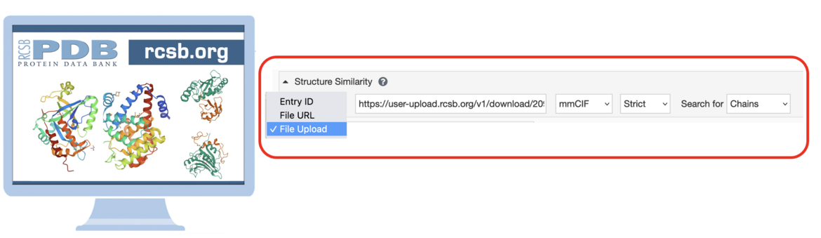 <I>Use the first drop-down to switch to the “File Upload” mode.  Use the toggle button (not shown) to include Computed Structure Models (CSMs) in the search results.</I>