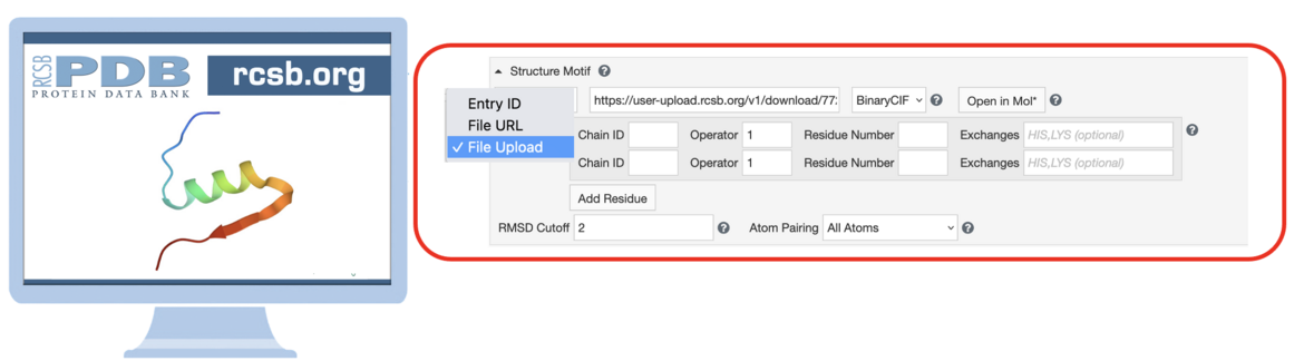 <I>Use the first drop-down to switch to the “File Upload” mode.  Use the toggle button (not shown) to include Computed Structure Models (CSMs) in the search results.</I>